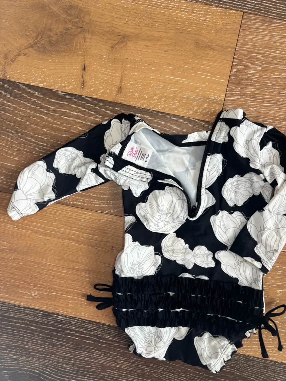 RuffleButts Black White Floral Long Sleeve Rash Guard Swimsuit 6-12M